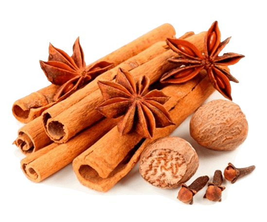 Cinnamon sticks, star anise, and nutmeg.